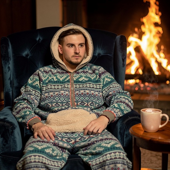 Cozy Blue Patterned Hooded Pajama Set - Picture 3 of 13